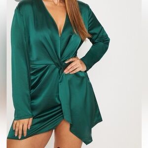 Fashion Nova Emerald Green Satin Twist Front Mini Dress